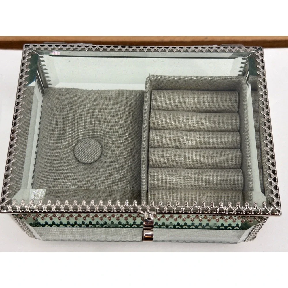 Nicole Miller Home Glass Jewelry Box Silver Filigree Beveled Ring‎ Organizer